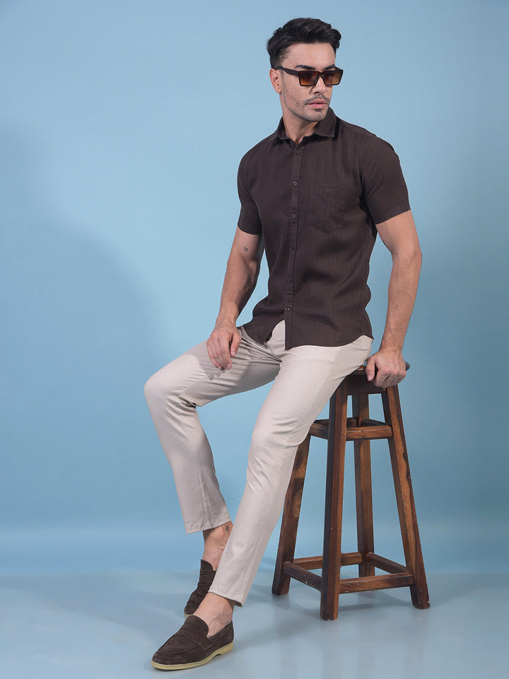 Brown Vertical Stripes Linen Shirt-Men Shirts-Crimsoune Club