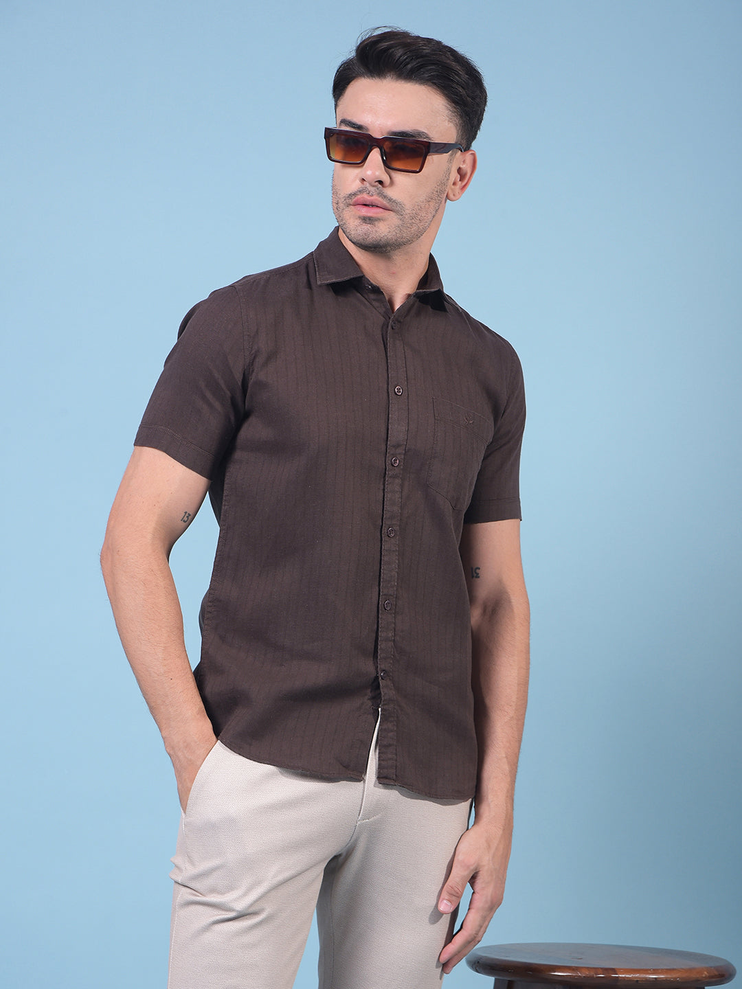 Brown Vertical Stripes Linen Shirt-Men Shirts-Crimsoune Club