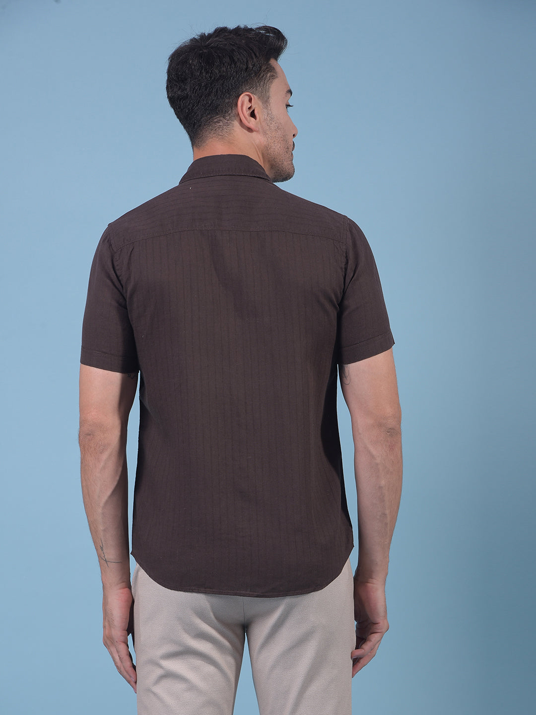 Brown Vertical Stripes Linen Shirt-Men Shirts-Crimsoune Club