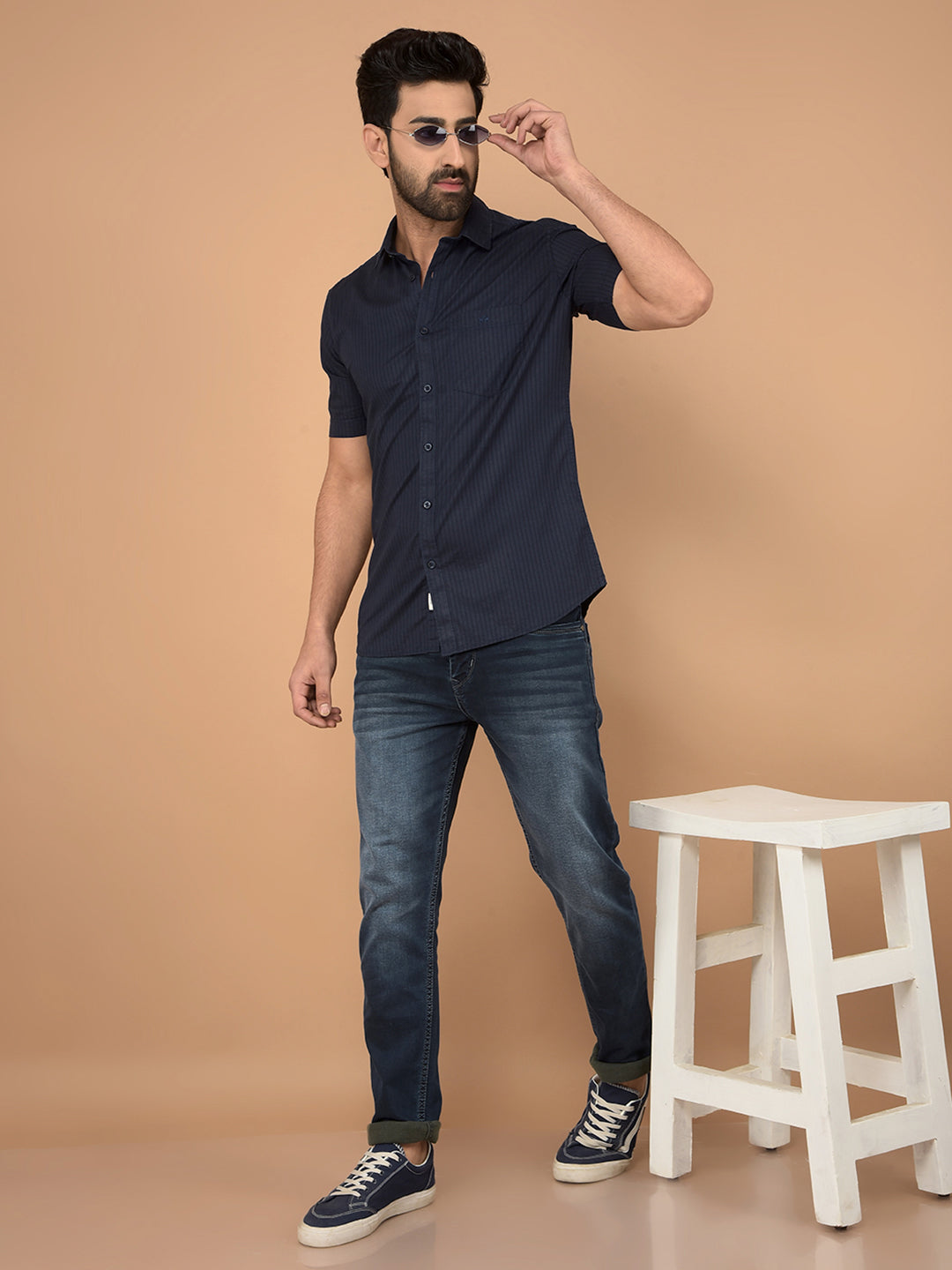 Navy Blue Vertical Stripes Shirt-Men Shirts-Crimsoune Club
