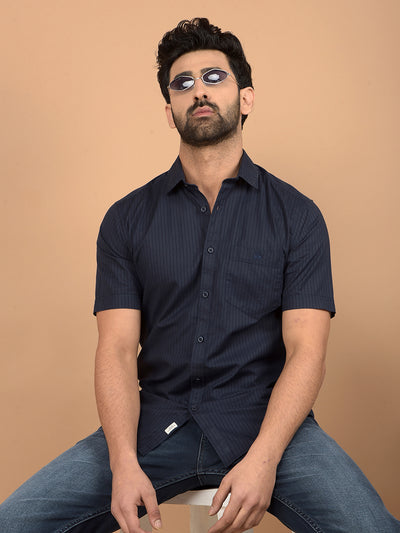Navy Blue Vertical Stripes Shirt-Men Shirts-Crimsoune Club