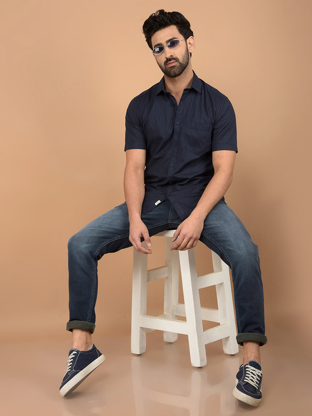 Navy Blue Vertical Stripes Shirt-Men Shirts-Crimsoune Club