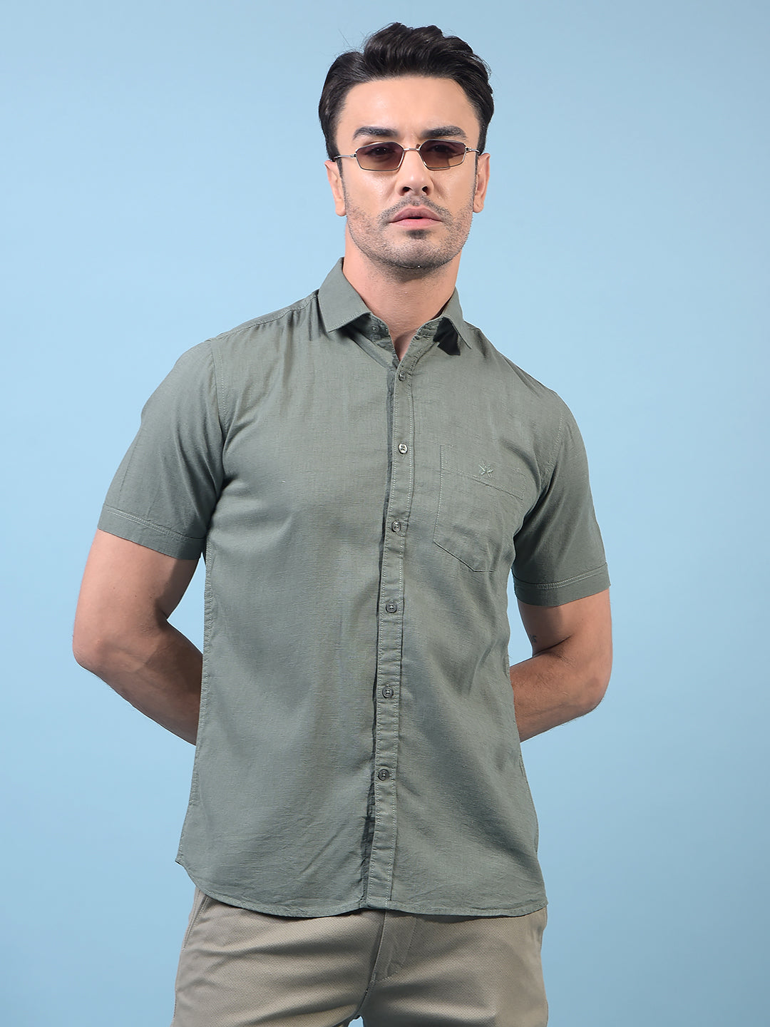 Men's Green Linen Shirt-Men Shirts-Crimsoune Club