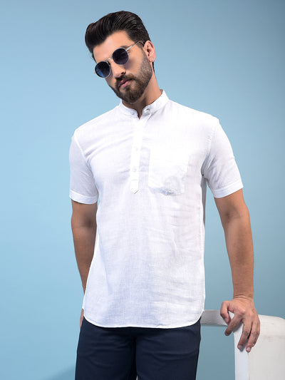 Men's White Textured Linen Kurta-Men Kurtas-Crimsoune Club