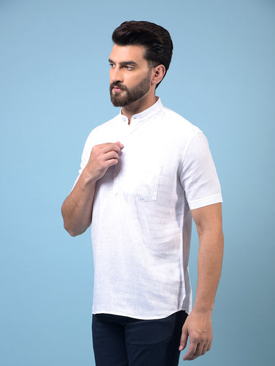Men's White Textured Linen Kurta-Men Kurtas-Crimsoune Club