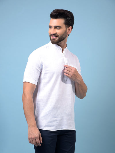 Men's White Textured Linen Kurta-Men Kurtas-Crimsoune Club