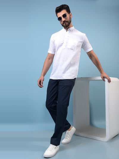 Men's White Textured Linen Kurta-Men Kurtas-Crimsoune Club