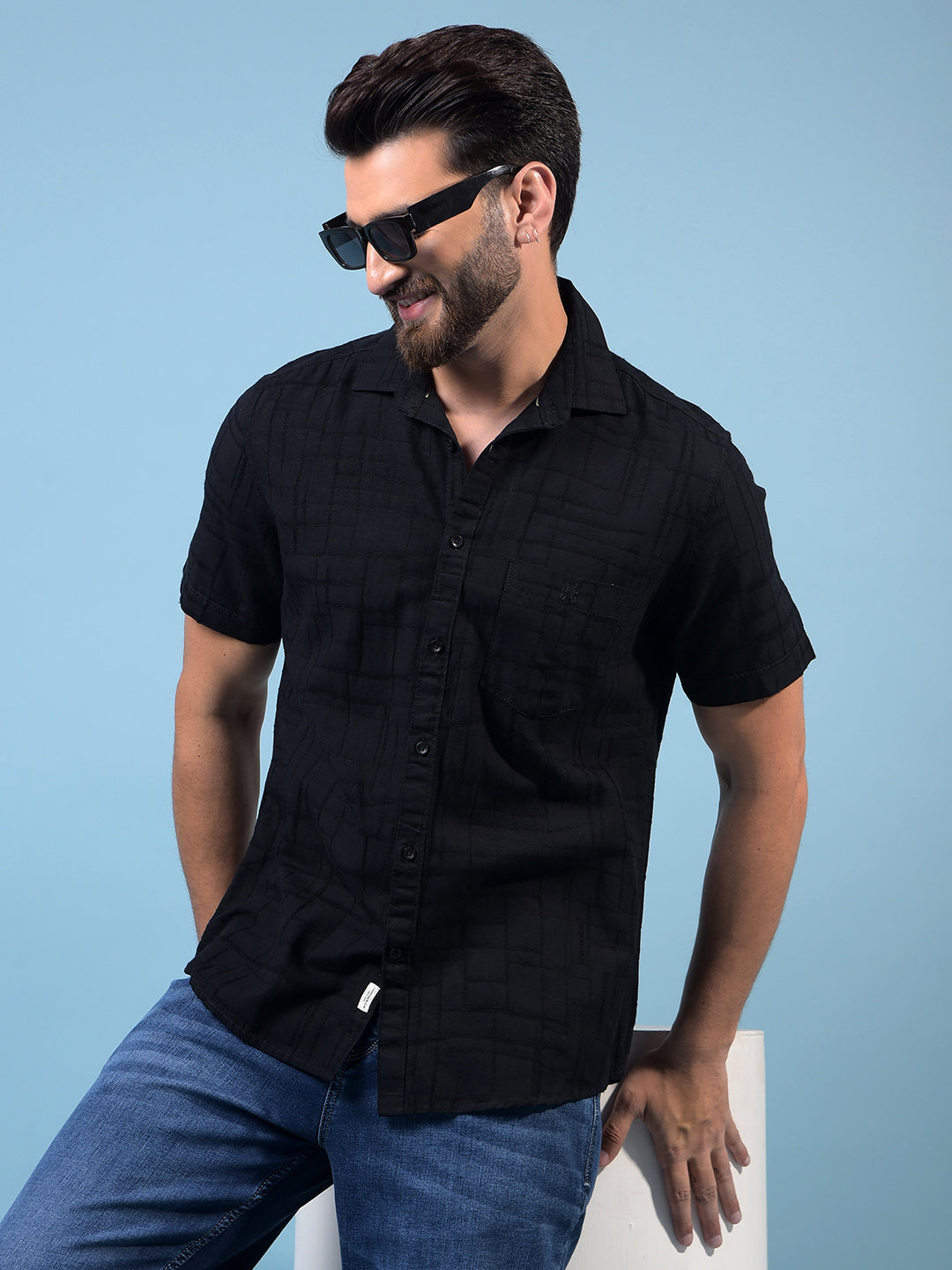 Men's Black Embroidered Linen Shirt-Men Shirts-Crimsoune Club