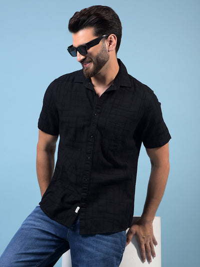 Men's Black Embroidered Linen Shirt-Men Shirts-Crimsoune Club