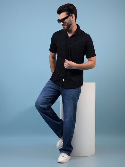Men's Black Embroidered Linen Shirt-Men Shirts-Crimsoune Club