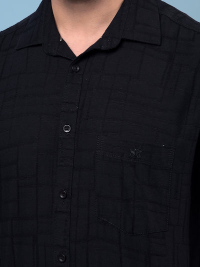 Men's Black Embroidered Linen Shirt-Men Shirts-Crimsoune Club