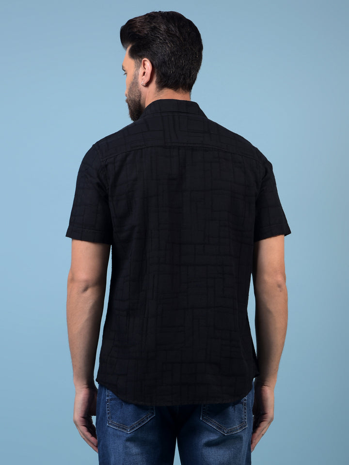 Men's Black Embroidered Linen Shirt-Men Shirts-Crimsoune Club