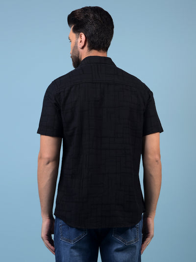 Men's Black Embroidered Linen Shirt-Men Shirts-Crimsoune Club
