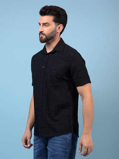 Men's Black Embroidered Linen Shirt-Men Shirts-Crimsoune Club
