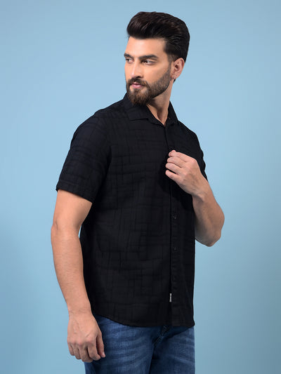Men's Black Embroidered Linen Shirt-Men Shirts-Crimsoune Club