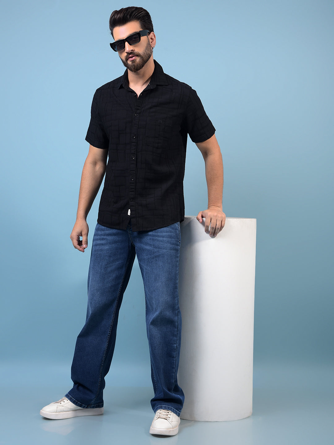 Men's Black Embroidered Linen Shirt-Men Shirts-Crimsoune Club