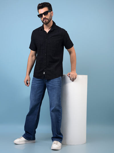 Men's Black Embroidered Linen Shirt-Men Shirts-Crimsoune Club