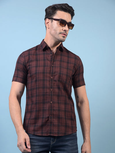 Men's Brown Checked 100% Cotton Shirt-Men Shirts-Crimsoune Club
