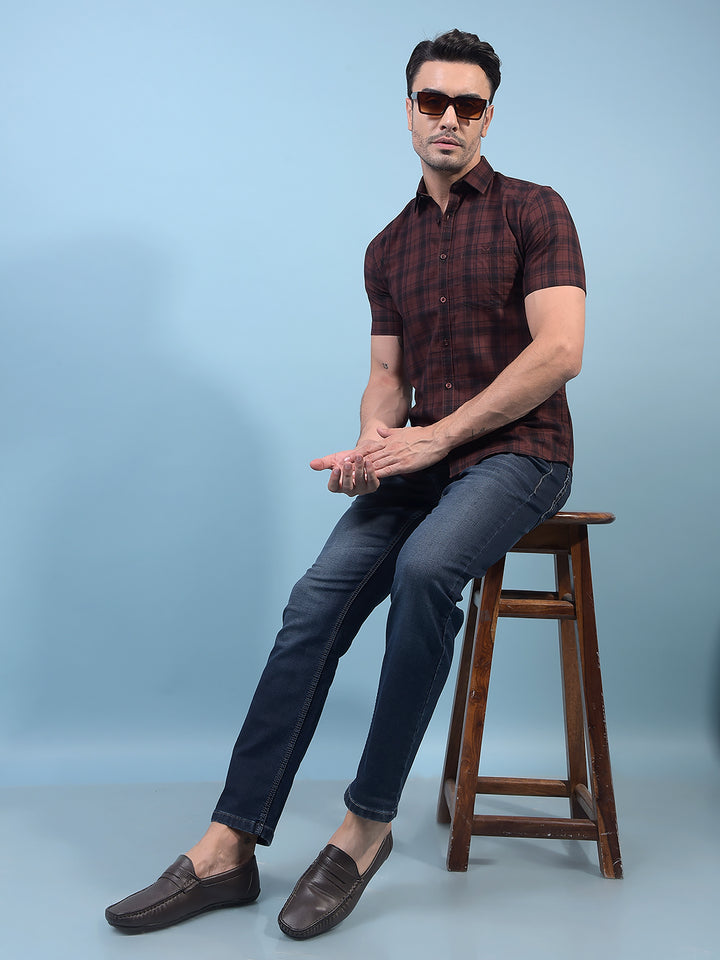Men's Brown Checked 100% Cotton Shirt-Men Shirts-Crimsoune Club