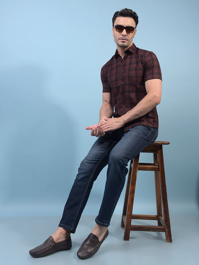 Men's Brown Checked 100% Cotton Shirt-Men Shirts-Crimsoune Club