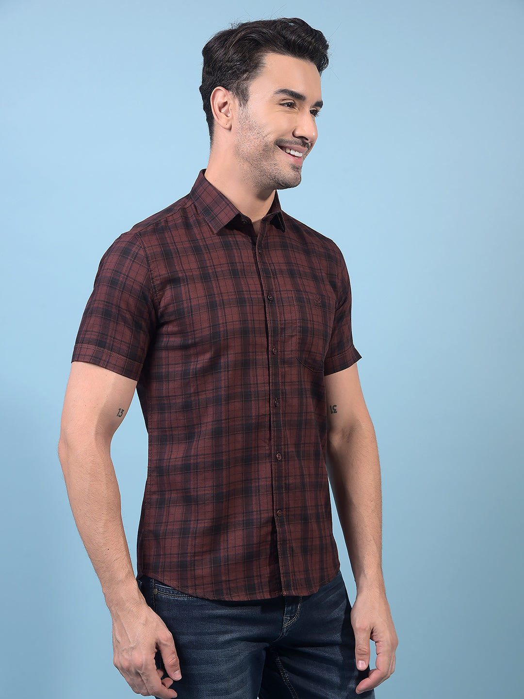 Men's Brown Checked 100% Cotton Shirt-Men Shirts-Crimsoune Club
