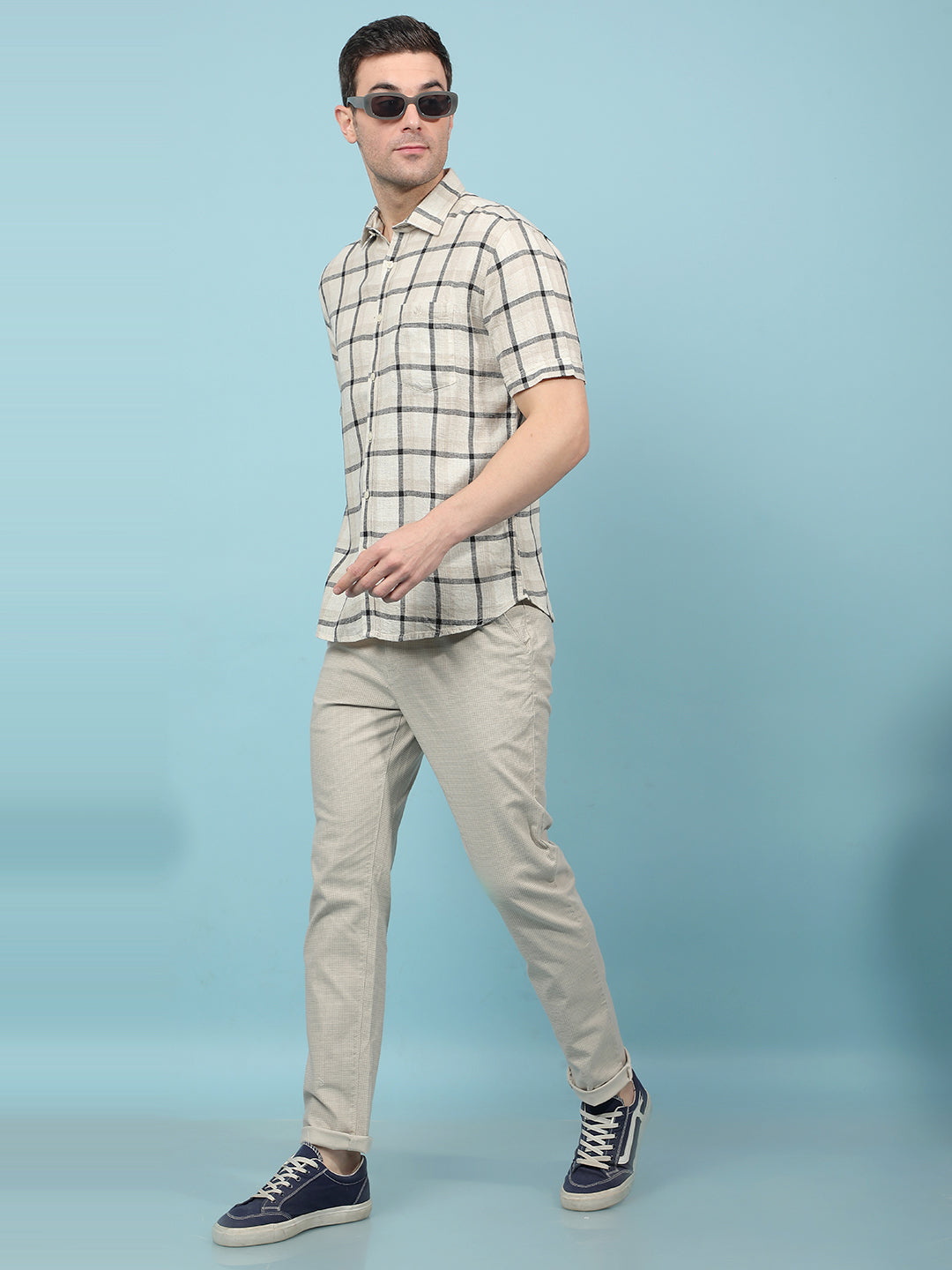 Beige Checked Linen Shirt-Men Shirts-Crimsoune Club
