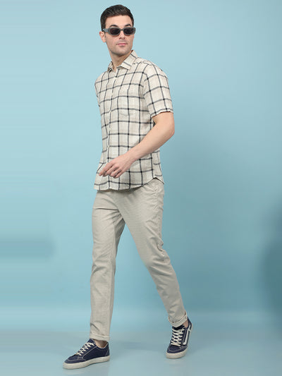 Beige Checked Linen Shirt-Men Shirts-Crimsoune Club