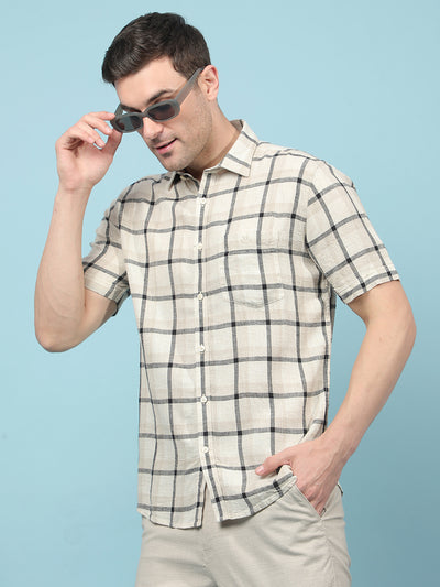 Beige Checked Linen Shirt-Men Shirts-Crimsoune Club