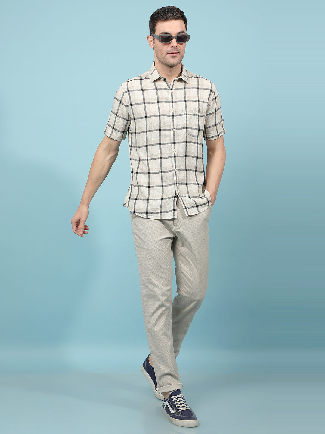 Beige Checked Linen Shirt-Men Shirts-Crimsoune Club