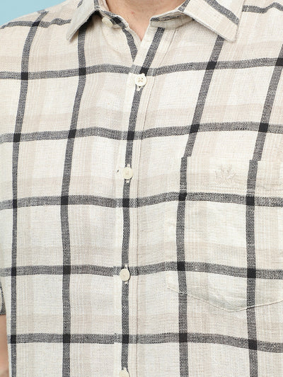 Beige Checked Linen Shirt-Men Shirts-Crimsoune Club