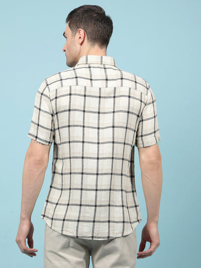 Beige Checked Linen Shirt-Men Shirts-Crimsoune Club