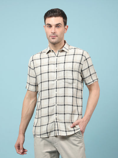 Beige Checked Linen Shirt-Men Shirts-Crimsoune Club