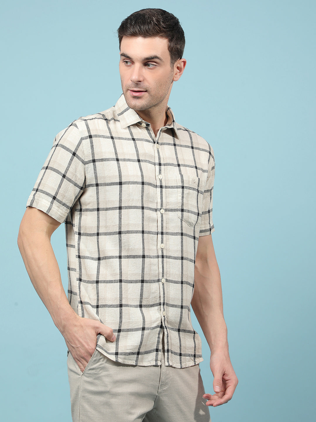 Beige Checked Linen Shirt-Men Shirts-Crimsoune Club
