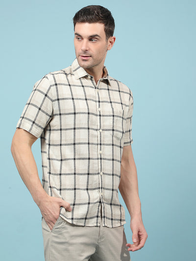 Beige Checked Linen Shirt-Men Shirts-Crimsoune Club