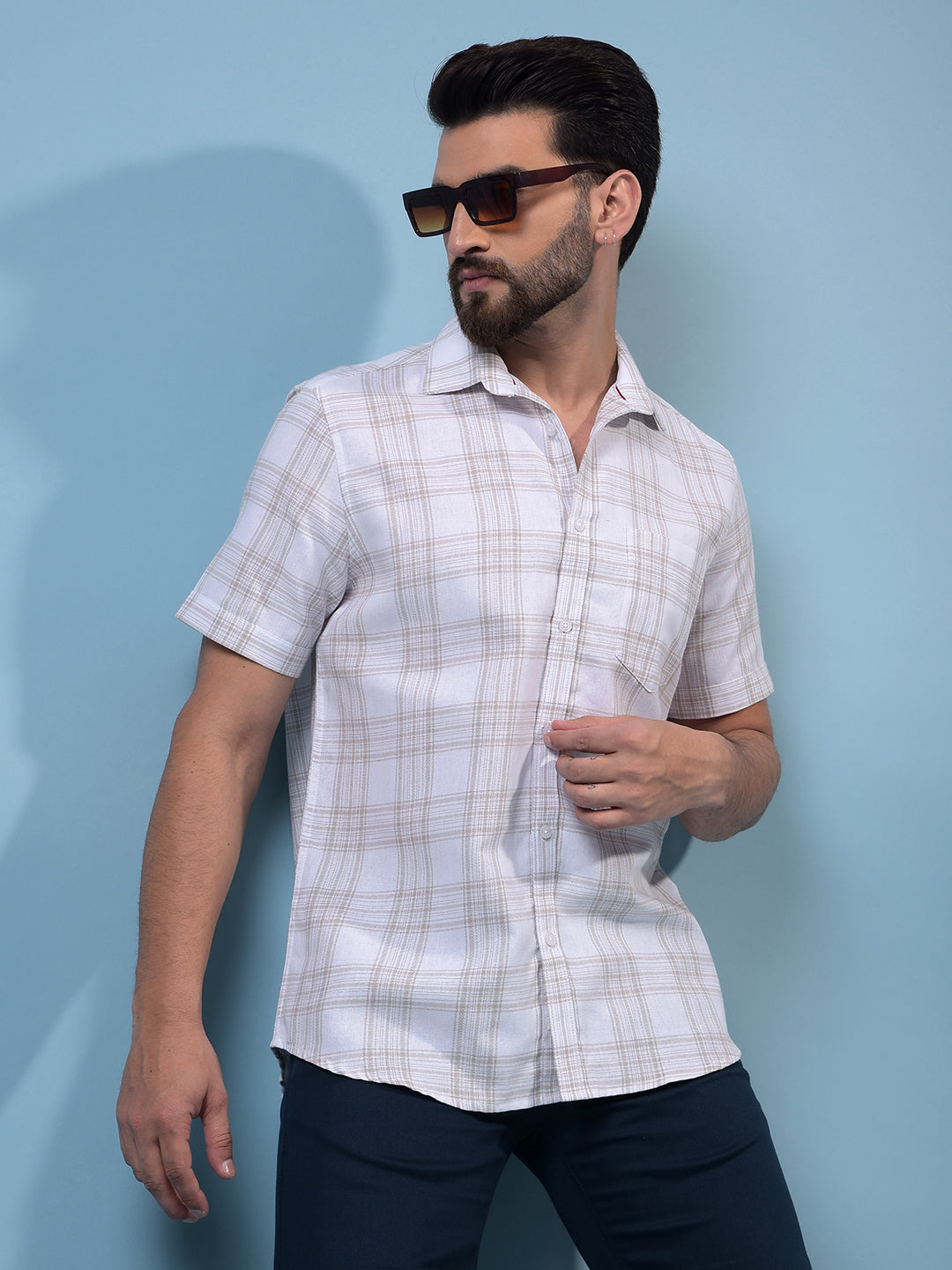 White Checked Linen Shirt-Men Shirts-Crimsoune Club