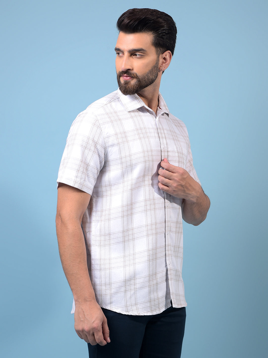 White Checked Linen Shirt-Men Shirts-Crimsoune Club