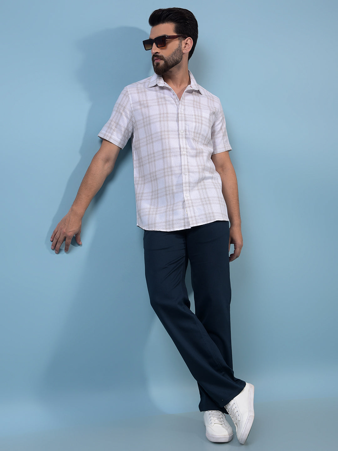 White Checked Linen Shirt-Men Shirts-Crimsoune Club