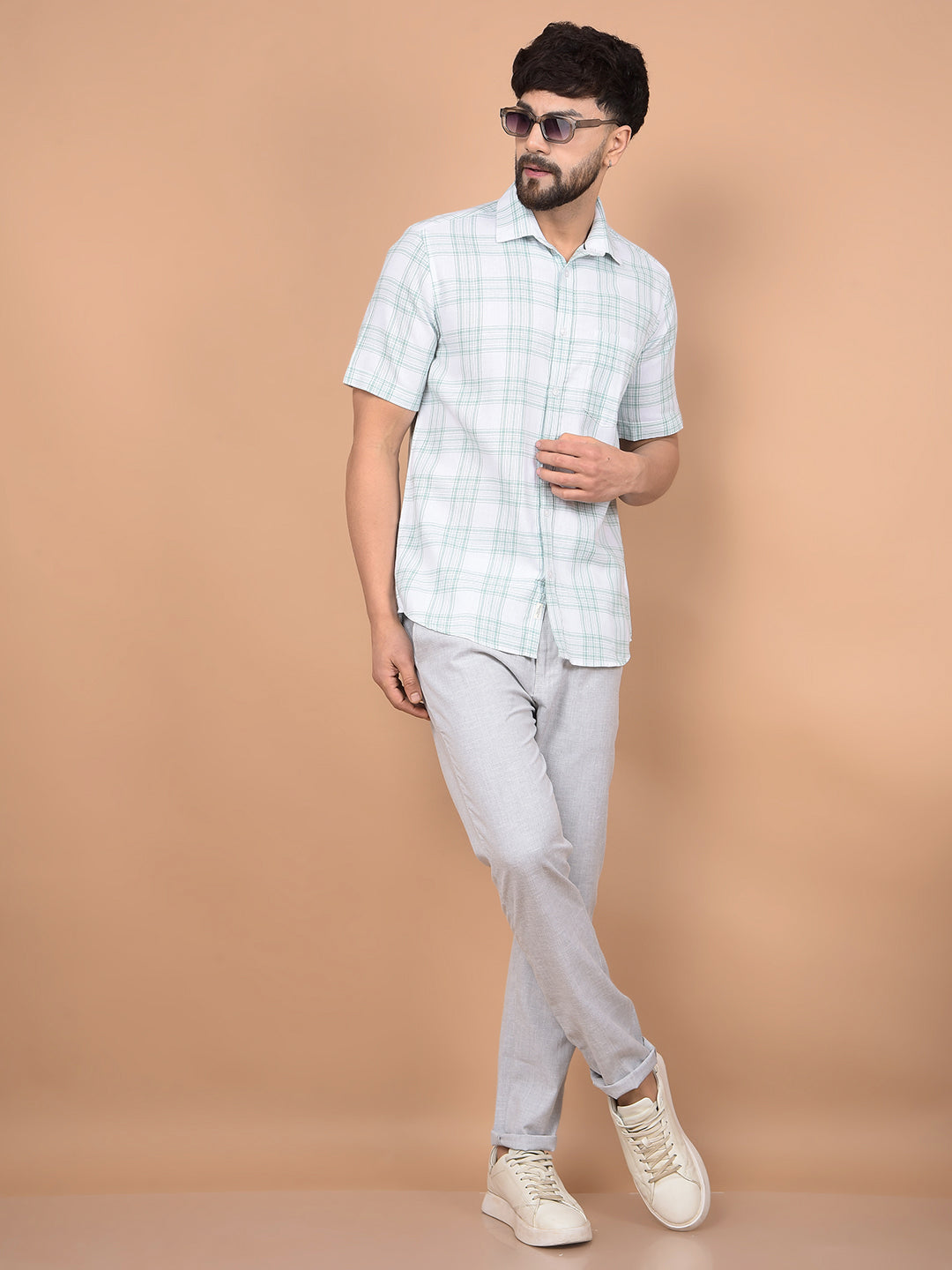 Green Checked Linen Shirt-Men Shirts-Crimsoune Club