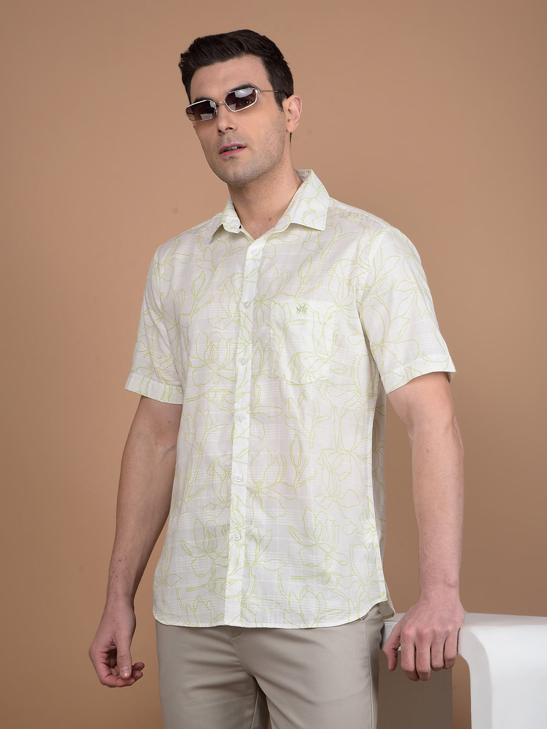 Green Floral Print 100% Cotton Shirt-Men Shirts-Crimsoune Club