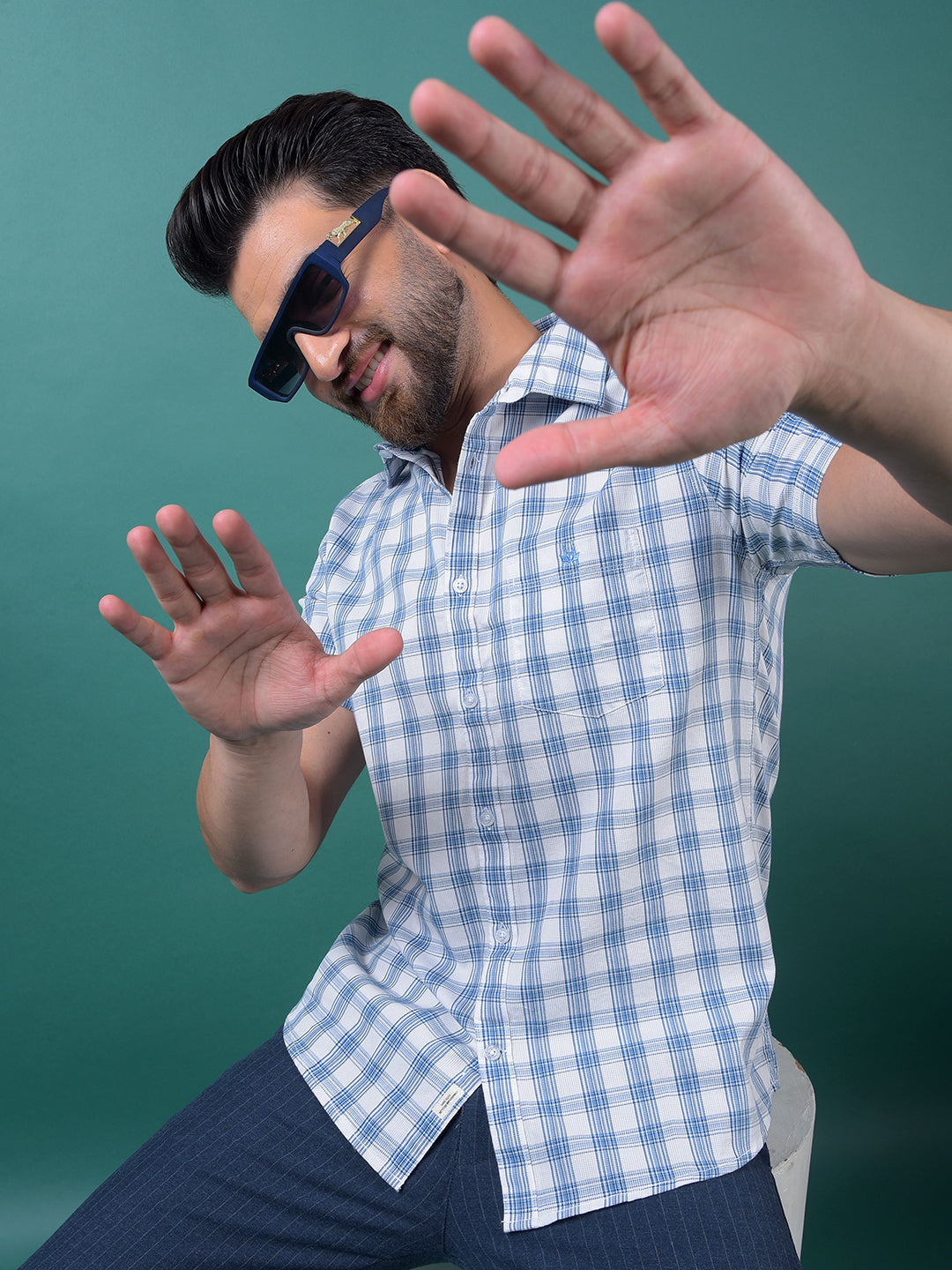 Blue Checked 100% Cotton Shirt-Men Shirts-Crimsoune Club