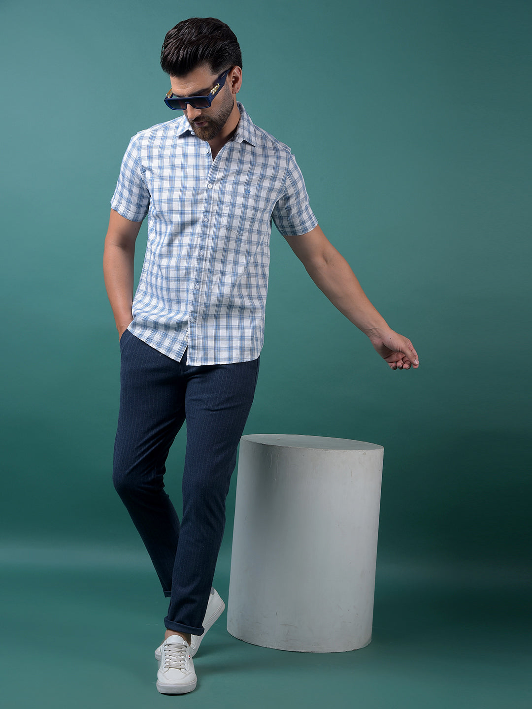 Blue Checked 100% Cotton Shirt-Men Shirts-Crimsoune Club