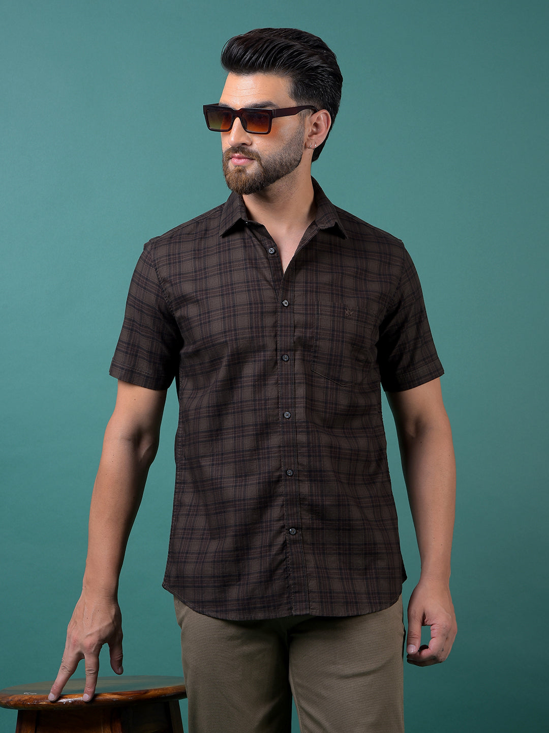 Olive Checked 100% Cotton Shirt-Men Shirts-Crimsoune Club