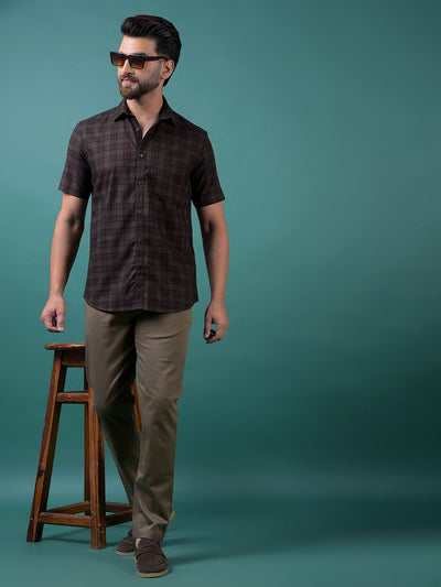 Olive Checked 100% Cotton Shirt-Men Shirts-Crimsoune Club