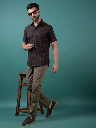 Olive Checked 100% Cotton Shirt-Men Shirts-Crimsoune Club