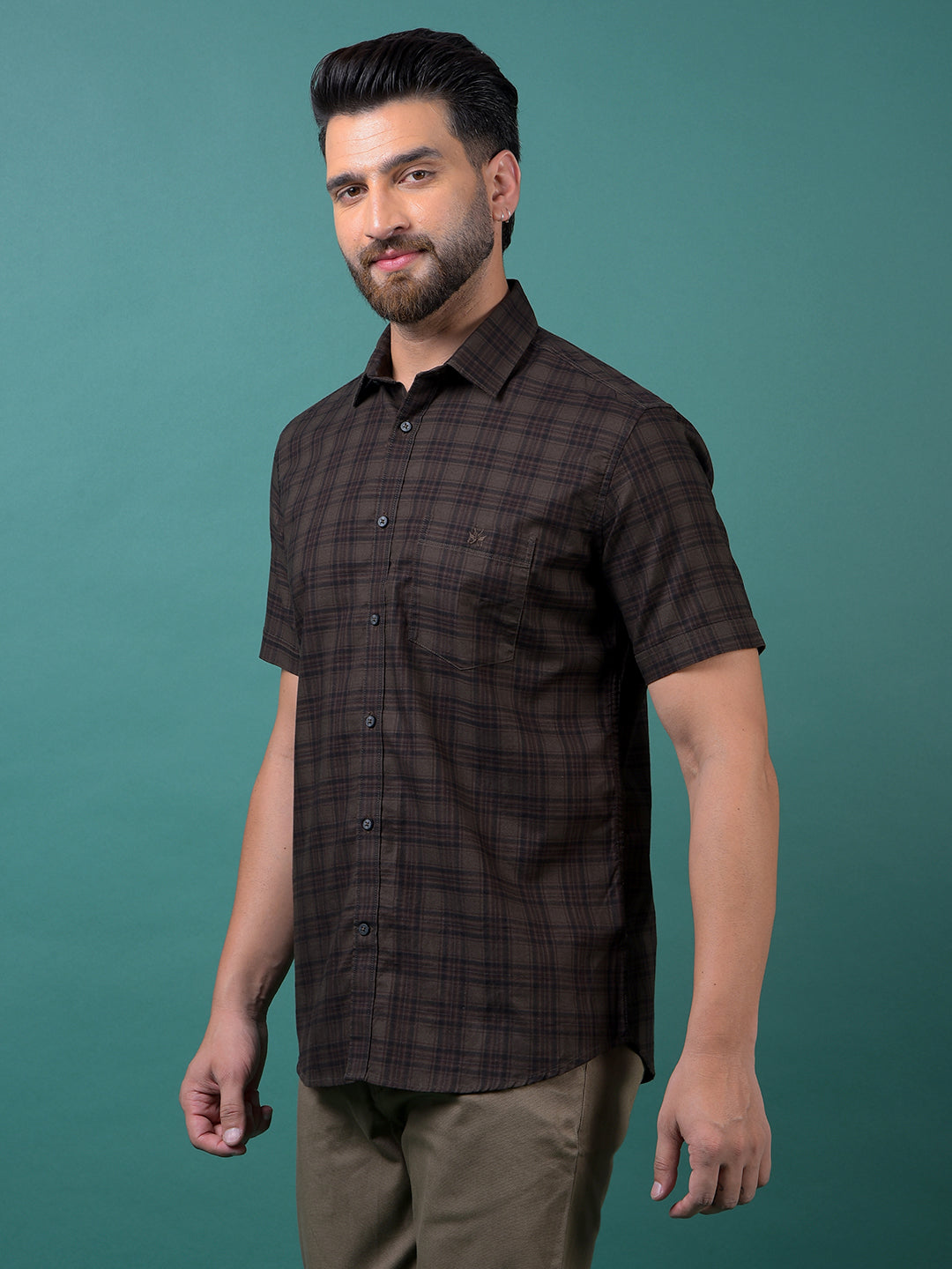 Olive Checked 100% Cotton Shirt-Men Shirts-Crimsoune Club
