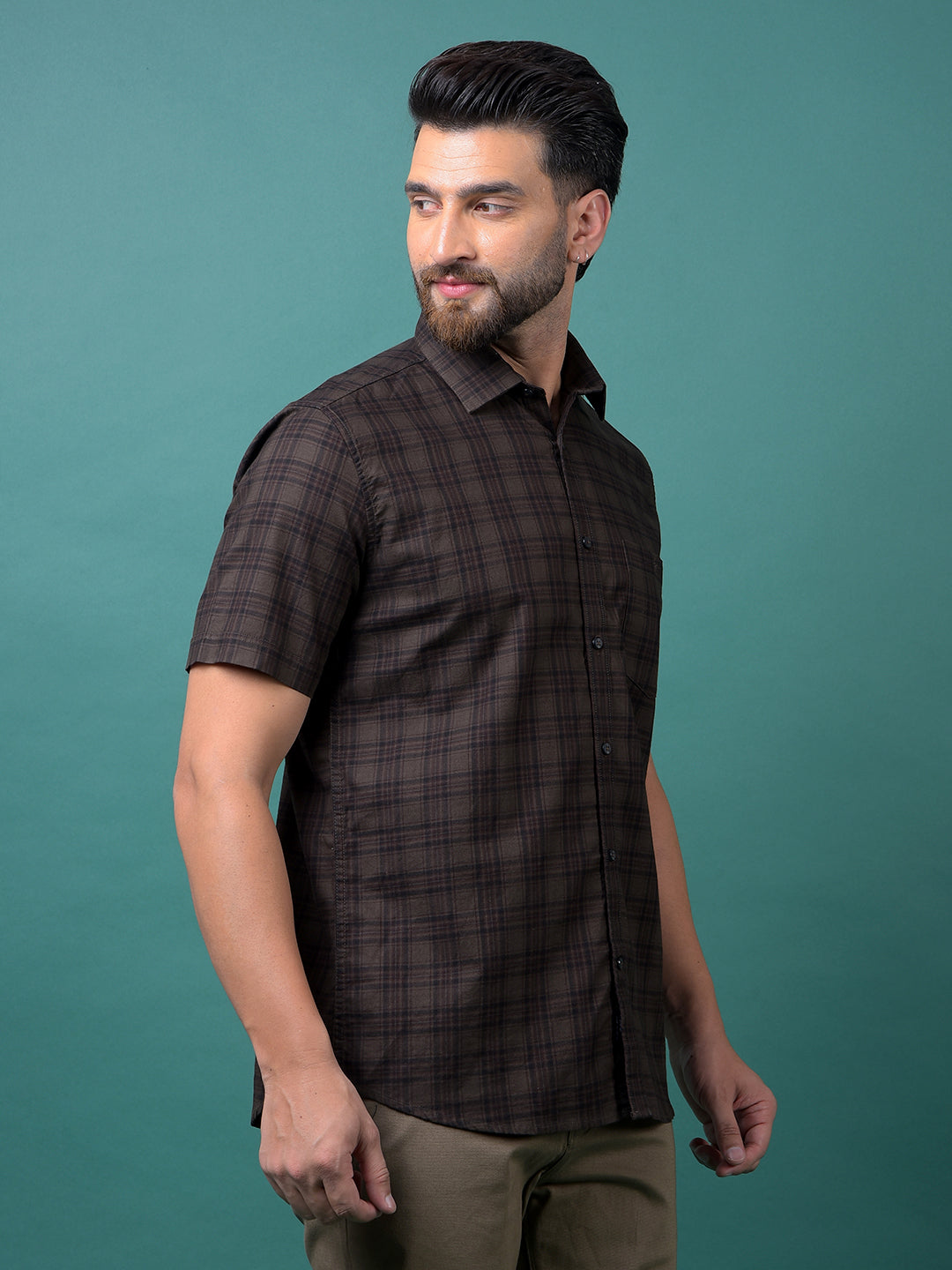Olive Checked 100% Cotton Shirt-Men Shirts-Crimsoune Club