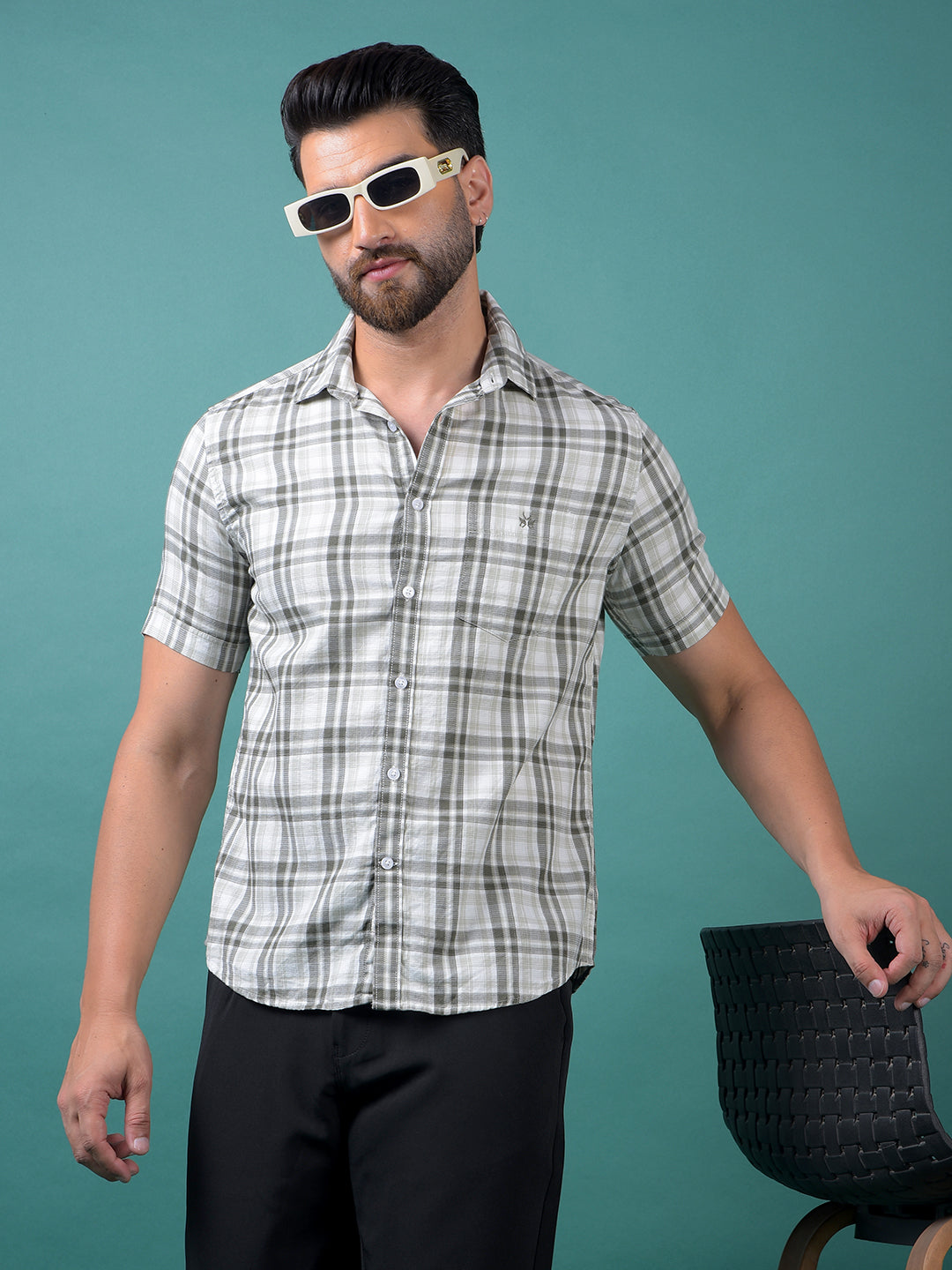 Olive Checked 100% Cotton Shirt-Men Shirts-Crimsoune Club