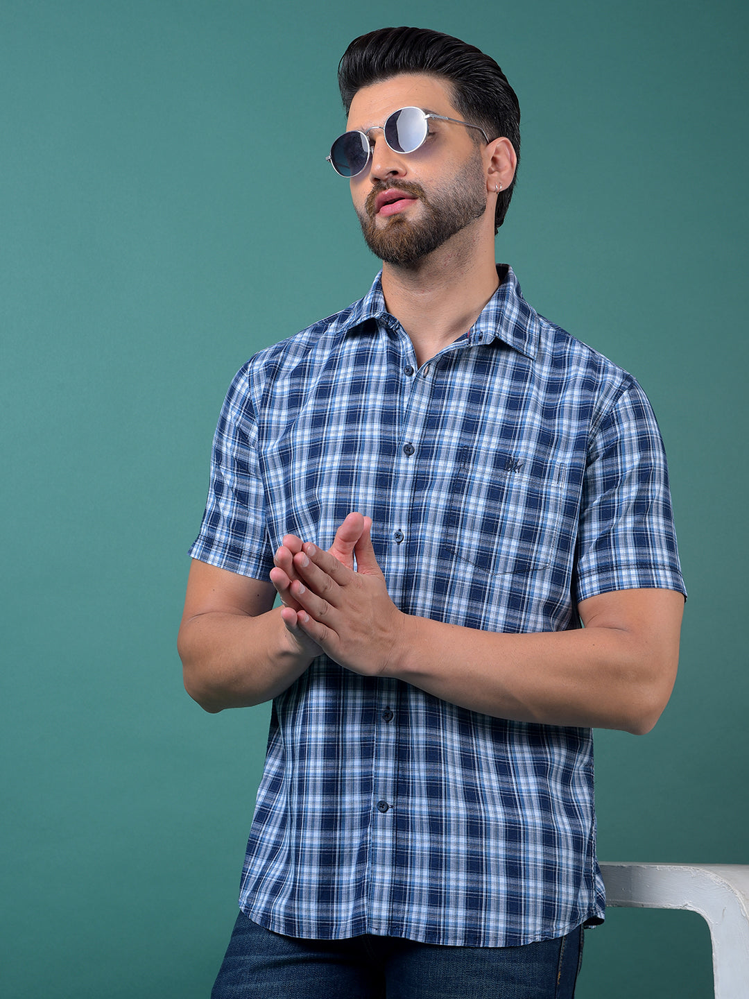 Blue Checked 100% Cotton Shirt-Men Shirts-Crimsoune Club