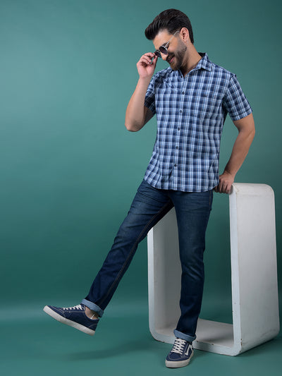 Blue Checked 100% Cotton Shirt-Men Shirts-Crimsoune Club