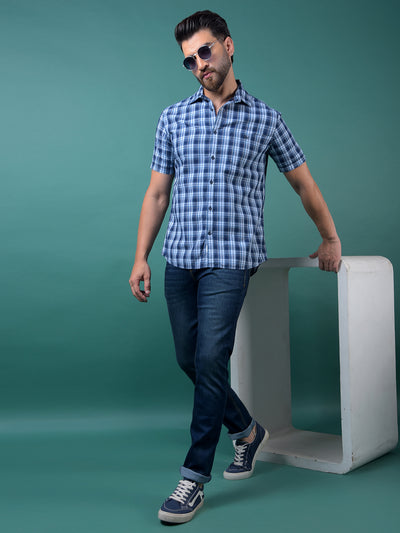 Blue Checked 100% Cotton Shirt-Men Shirts-Crimsoune Club